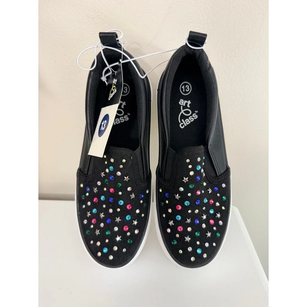 Art Class Slip On Sneakers Girls Size 13 Black Rhinestone Star Bling NWT